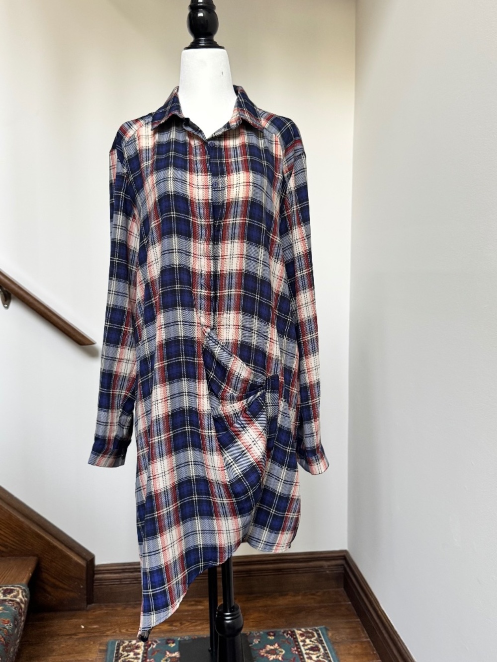 Plaid Asymmetrical Button Front Tunic Shirt Dress Navy Red White – Size Medium